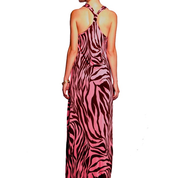 Flora Kung NWT $540 Silk Jersey Pink Brown Boho Maxi Halter Dress 6 - Picture 2 of 4